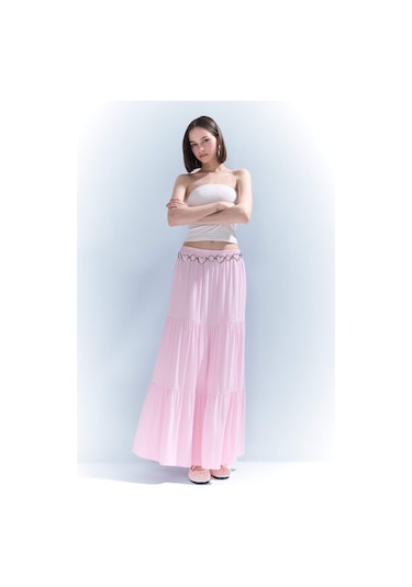Defacto Yüksek Bel Pamuk Astarlı Krinkıl Viskon Maxi Etek D5033ax25smpn648 Pembe