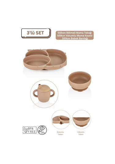 3'lü Silikon Bebek Beslenme Seti / Bölmeli Mama Tabağı / Mama Kasesi / Bebek Bardağı- Moka Mocca