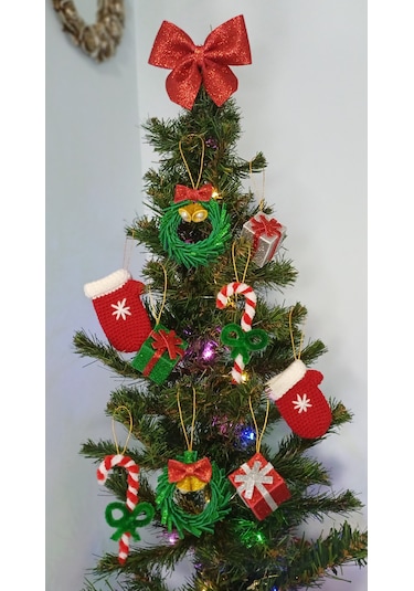 Yılbaşı Süsü Seti 10 Lu Set - Baston Şeker, Eldiven, Hediye Paketi, Fiyonk, Çelenk 010