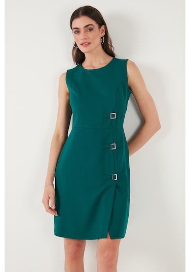 Lela Standart Fit Kemerli Bisiklet Yaka Mini Bayan Elbise 611El1964 Zümrüt