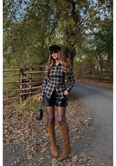 Siyah Bağlama Detaylı Ekoseli Gömlek - 25250 Siyah