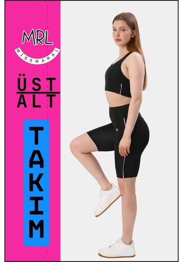 Kadın Siyah Takım Alt-üst Kısa Şort-tayt Ve Pedli Sporcu Büstiyer 2li Set Lila Biyeli Elt3043 Siyah Lila