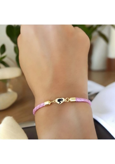 Archin Barbie Temalı 14 Ayar Altın Plakalı Pembe Derili Kalp Figürlü Hediye Bileklik-473sembol Barbie