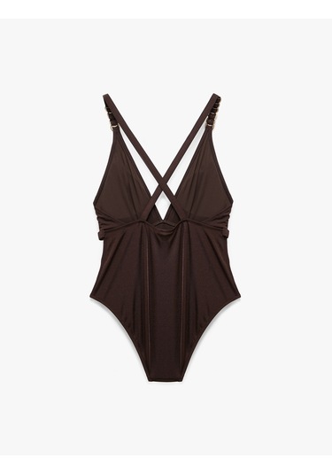 Koton Aksesuarlı Derin V Yaka Arkası Çapraz Askılı Mayo Kahverengi 5sak20044mm Kahve