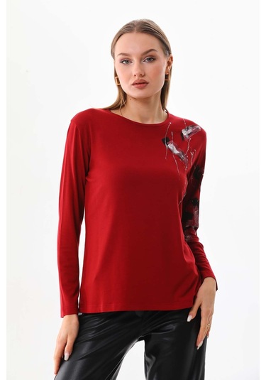 Sistas Kadın Desenli Bisiklet Yaka Uzun Kol Bluz 23598 Bordo