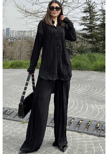 Kadın Siyah Uzun Tunik Gömlek & Beli Lastikli, Bol Paça Pantolon - Salaş Bürümcük Takım Siyah