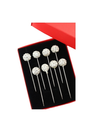 Numetal 8 Li Beyaz Taşlı Eşarp İğnesi. Şal İğnesi. Türban İğnesi. Başörtü İğnesi. Eşarp Ve Şal İğnesi. Gümüş