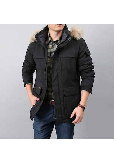 Xinxin Kapüşonlu Kalınlaştırılmış Orta Boy Kaban,siyah Siyah