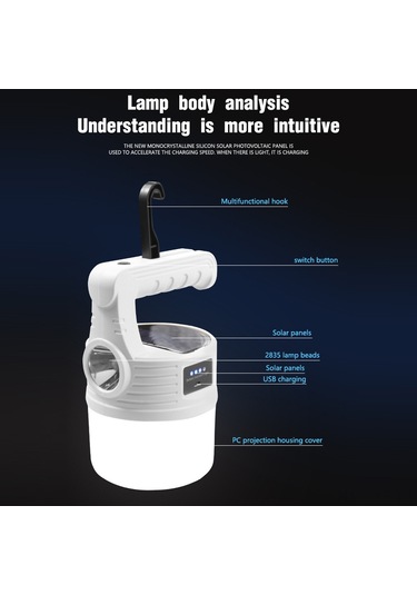 Yifomall Mx-518 Güneş Enerjili Led Feneri - Taşınabilir Dış Mekan Işığı, Kamp Ve Acil Durum Lambası, Askı Ve Taşıma Özelliğiyle Beyaz