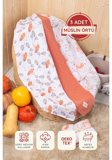 Luckka Dijital Baskılı 3'lü Müslin Örtü Seti - 75x75 Cm - Zt5000 Turuncu Turuncu