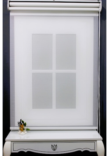 Çift Mekanizmalı Çizgili Tül & Mat Beyaz Stor Perde % 80 Işıgı Ke