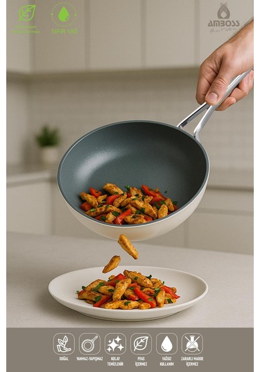 Sera Nova Yanmaz Yapışmaz Seramik Wok Tava 28 Cm Beyaz