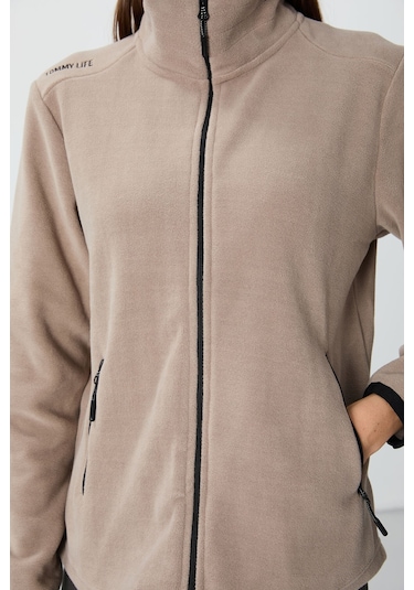 Tommy Life Koyu Bej Dik Yaka Fermuarlı Rahat Form Kadın Polar Sweatshirt - 97173 Koyu Bej