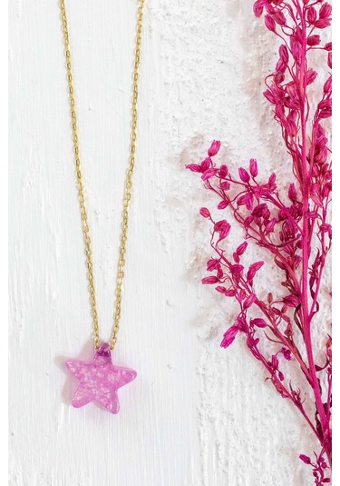Moom Mücevherat Kadın Pembe Renk Yıldız Desenli Doğal Taş Kolye 1