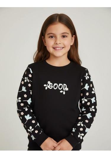 Kız Çocuk Çiçek Baskılı Sweatshirt SiYAH
