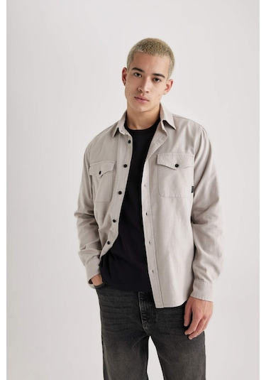 DeFacto Regular Fit Polo Yaka Basic Düz Pamuklu Uzun Kollu Gömlek B2654AX24SPGR302