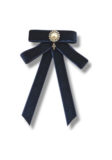 Lacivert Kadife Broş İncili Ve Taş Detaylı Lacivert Çok Renkli