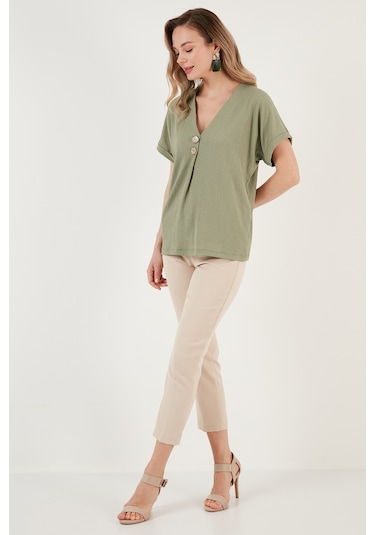 Lela Düğme Detaylı V Yaka Bayan Bluz 5865567 Olive