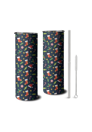 20oz Noel Desenli Paslanmaz Çelik Termos, Kapak Ve Pipetli, Çift Katlı Noel Çorap Şeker
