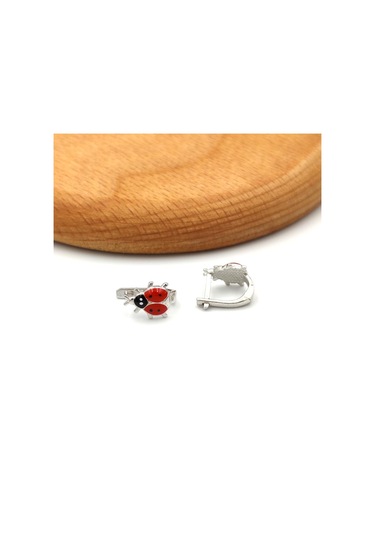 Uğur Böceği Gümüş Çocuk Küpe - Rodyum Beyaz Beyaz