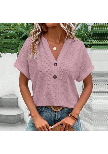2023 İlkbahar Ve Yaz Yeni Kadın Moda Ve Rahat Düğme V Yaka T-shirt Kadınlar İçin Düz Renk Hollow Out T-shirt Pembe