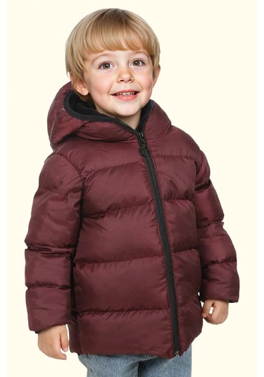 Erkek Çocuk Polarlı Kürklü Kapüşonlu Su Geçirmez Rüzgara Dayanıklı Şişme Kışlık Mont Kaban Bordo