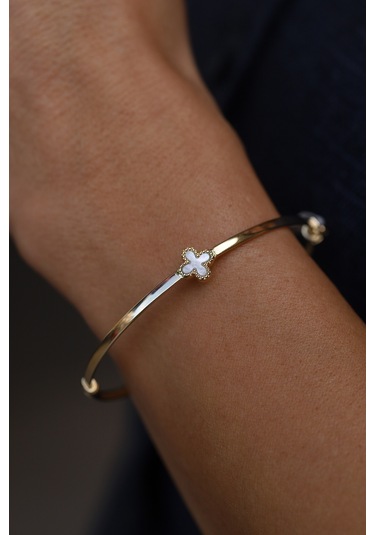 14 Ayar Altın Tek Sedefli Yonca Detaylı Kelepçe Sarı Altın