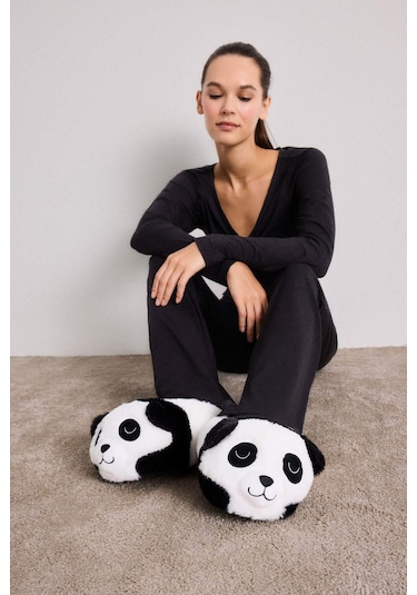 Defacto Kadın Panda Temalı Düz Taban Panduf C8509ax25wnwt55 Beyaz-wt55