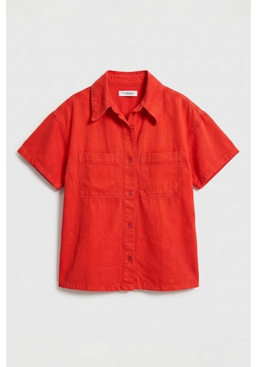 Itsbasic Kadın Kırmızı 6s6-19 Oversize %100 Koton Pamuk Denim Gömlek