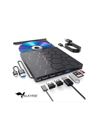 Valkyrie 8in1 Harici Cd Dvd Okuma Yazma Usb 3.0 Hub Çok Amaçlı External Drive Tf Sd Kart Okuyucu