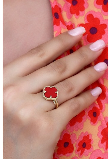 14k Altın Kaplamalı 925 Ayar Gümüş Granada Saray Yoncası Yüzük - Kırmızı 34025201 Altın