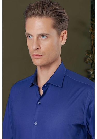 Gk 709 Slim Fit Gece Mavisi Klasik Gömlek Mavi
