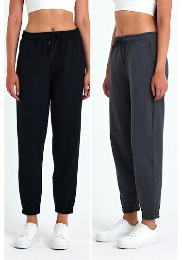 Kadın Siyah-antrasit Pamuklu Kalın Paçası Lastikli Yüksek Bel Rahat Jogger 2'li Eşofman Altı 001