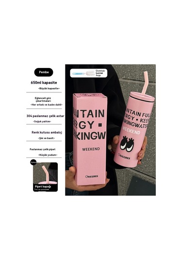 Velvettides Sınır Ötesi Siyah Toz Çift Yüksek Değerli Termos Bardak Basit Paslanmaz Çelik Taşınabilir Pipet Bardak Yazdırılabilir Logo Su Bardağı Toptan Tatlı Serin Toz 650ml Göz Çıkartmaları