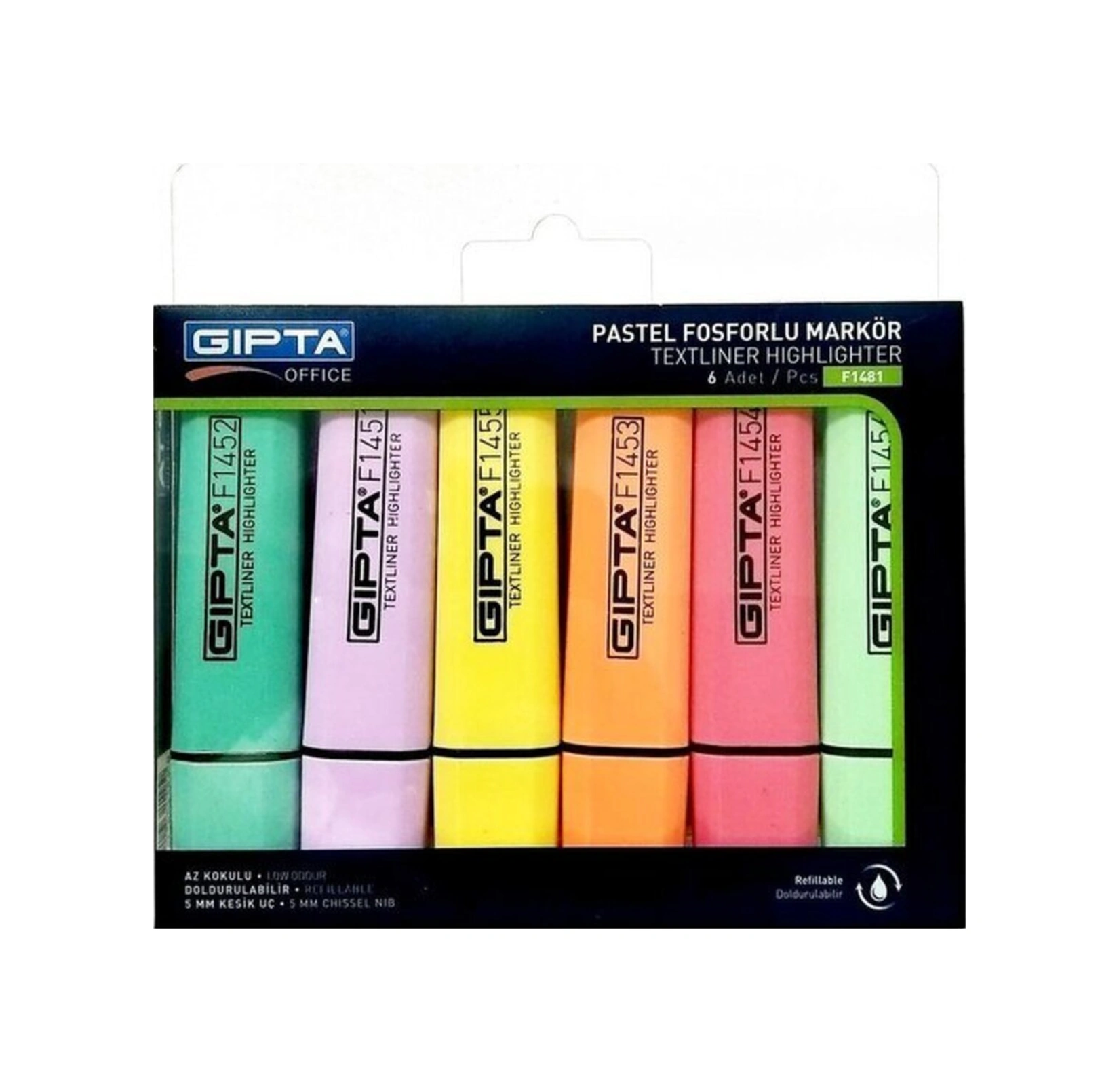 Pastel Renkler Fosforlu Kalem Seti 6 Lı Set Doldurulabilir Çok Renkli