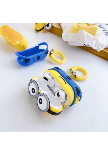 Apple Airpods Pro 3. Nesil 2025 Uyumlu Figürlü Silikon Kılıf Anahtarlıklı Kılıf Sarı - Mavi