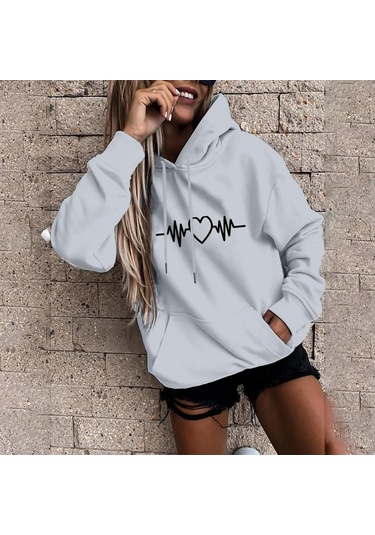 Kaixinjiuhao Kadın Moda Rahat Eğlenceli Baskı Kapşonlu Kazak Gevşek Spor Üstleri Kazak Gri