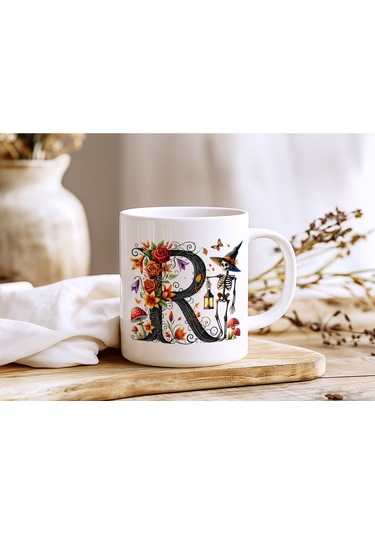 R Harfi Şapkalı İskelet Figürlü Ve Çiçekli Kupa Bardak - Cadılar Bayramı / Halloween Özel Hediye Beyaz