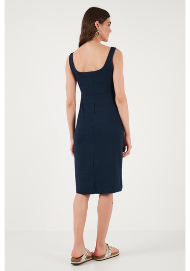 Lela Streç Slim Fit Kare Yaka Kalın Askılı Midi Boy Bayan Elbise 5866102 Lacivert