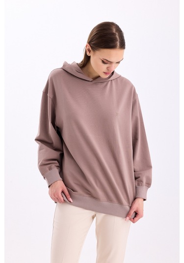 Pastelastore Pamuklu Kapüşonlu 2 İplik Baharlık Oversize Sweatshirt Vizon