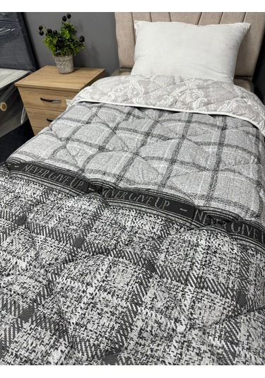 Clasy %100 Pamuk Ranforce Tek Kişilik Yorgan Çift Taraflı Gri Ekose Çiçek Desenli Gri