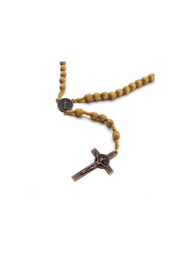 Ahşap Boncuk El Yapımı Tel Vintage Haç Kolye Koyu Kahve Çok Renkli