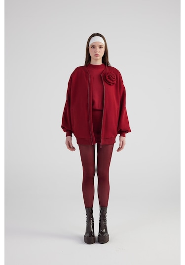 Holly Lolly Oversize Çıkarılabilir Gül Detaylı Astarlı Alexa Bomber Ceket Bordo