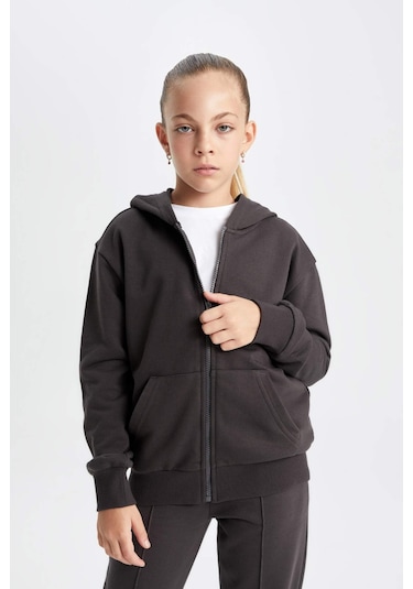 DeFacto Kız Çocuk Antrasit Basic Düz Kapüşonlu Fermuarlı Okul Hırkası C8110A824AUAR227 Antrasit