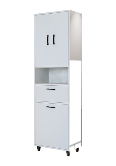 Çamaşır Sepetli Banyo Dolabı, Çok Amaçlı Çekmeceli Dolap 60 X 200 Mat Beyaz