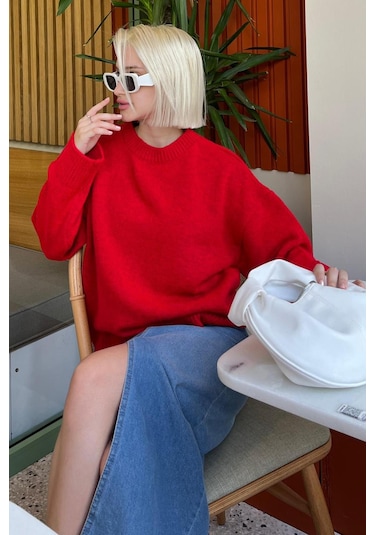 Madmext Madmext Bisiklet Yaka Oversize Triko Kazak MG1972 Kırmızı