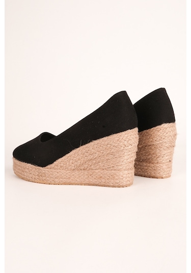 Siyah Platformlu Keten Espadril Dolgu Topuk Siyah