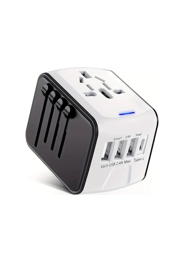 Xuweiwei Beyaz Dünya Çapında Seyahat Adaptörü Tip C 3 Usb Port Ve Ac Prizi Evrensel Seyahat Adaptörü Siyah BEYAZ