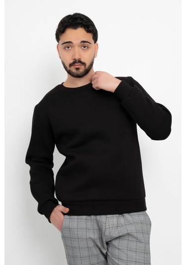 Dasüniforma Basic Baskısız 3 İplik Unisex Cepsiz Düz Sweatshirt Yuvarlak Yaka Sweat Siyah