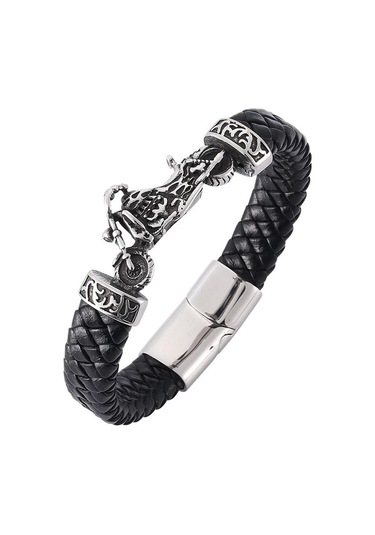 Vintage Punk Tarzı Erkek Bileklik Gerçek Deri Altın Rengi Motosiklet Paslanmaz Çelik Bileklikler Erkek Takıları Siyah